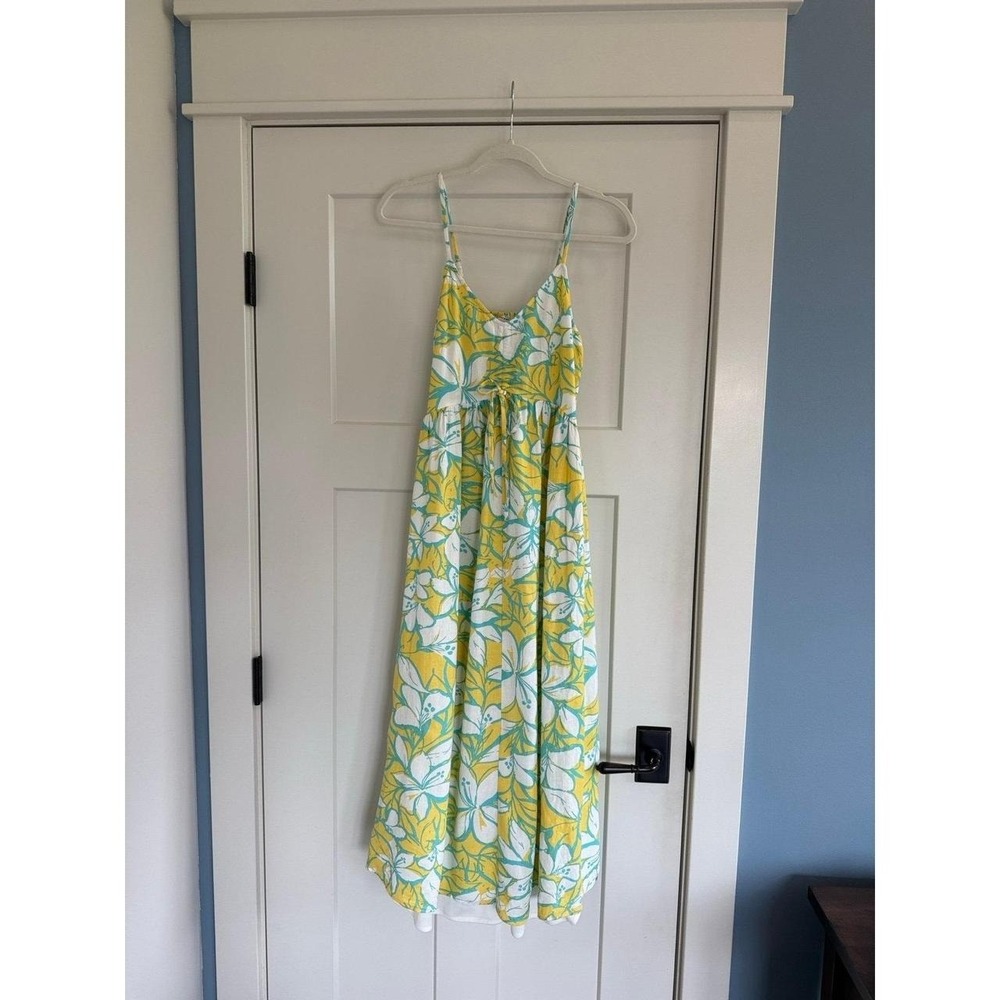 Sincerely Jules Yellow, White & Teal Floral Spaghetti Strap MidiSundress Small
